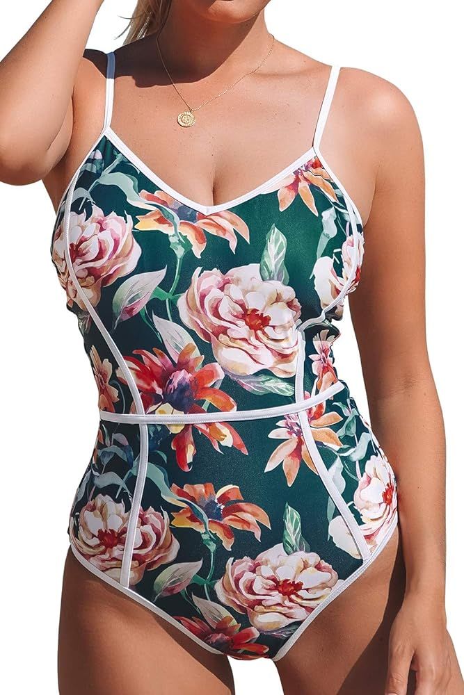 Women's Full Blossom V-Neck Piping Design One-Piece Swimsuit | Amazon (US)