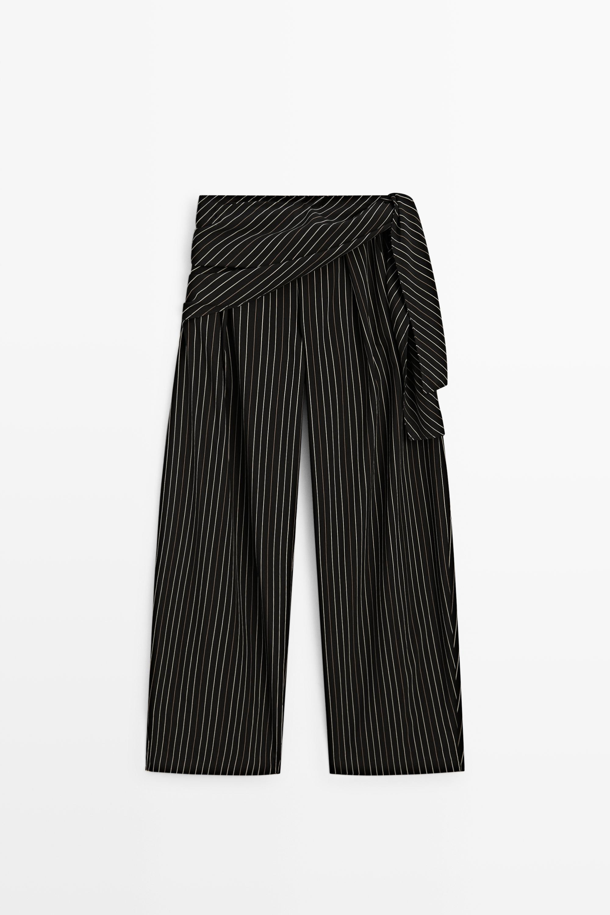 Striped barrel fit pants with scarf detail | Massimo Dutti US