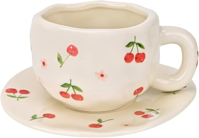 Koythin Ceramic Coffee Mug with Saucer Set, Creative Cute Cherry Cup Unique Irregular Design for ... | Amazon (US)