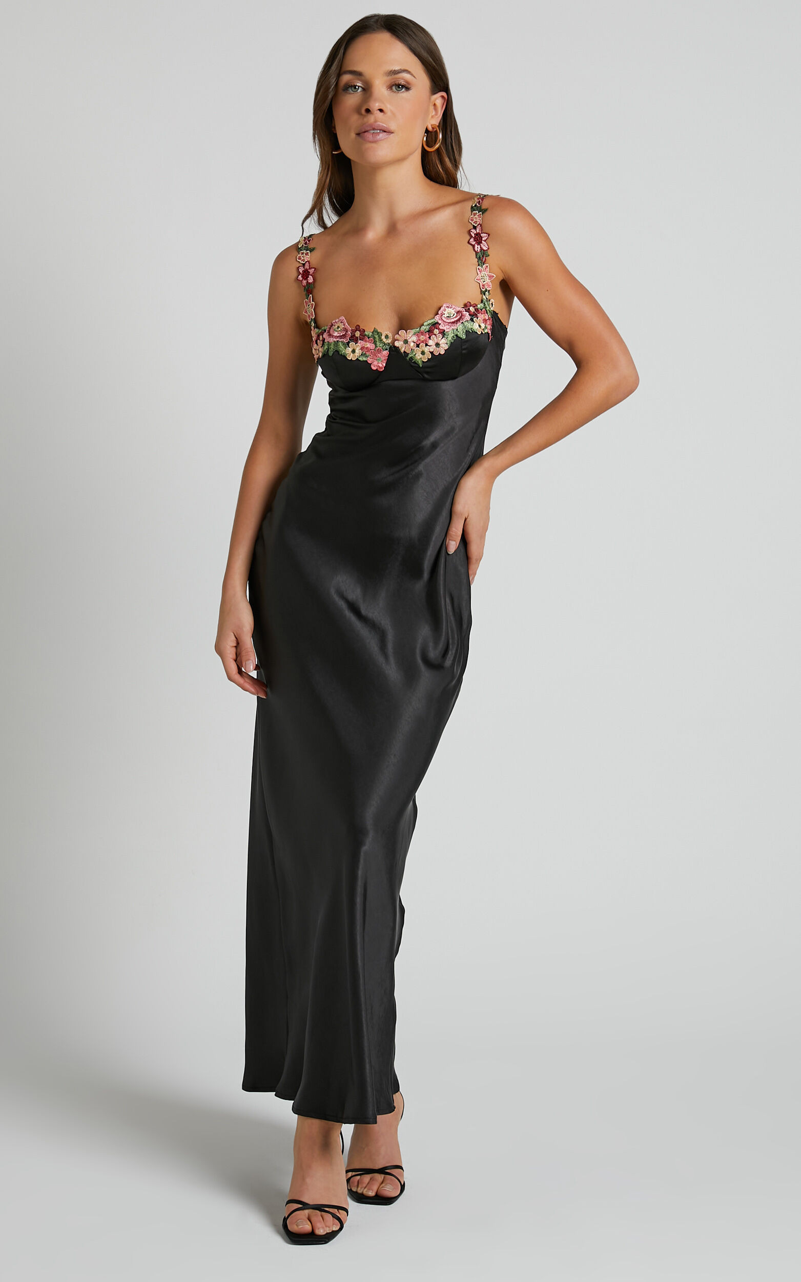 HARMONY MIDAXI DRESS - FLORAL DETAIL CUP BUST SATIN DRESS IN BLACK | Showpo (US, UK & Europe)
