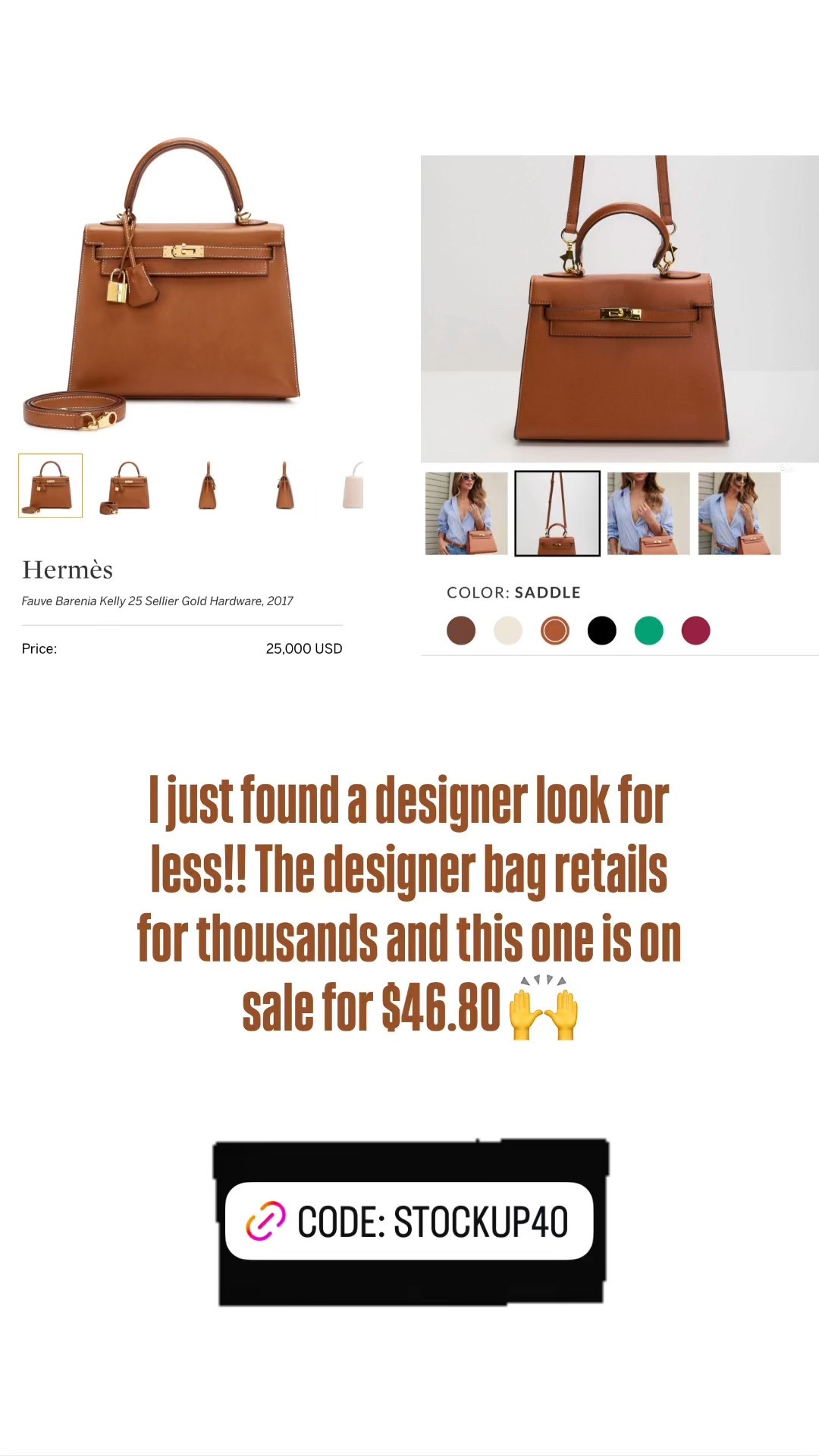 Designer Kelly bag look-alike for wayyyy less! This one is only $46.80 with the code STOCKUP40! 


Vici collection, Hermes, designer bag , purse 

#LTKFindsUnder50 #LTKFestival #LTKSaleAlert
