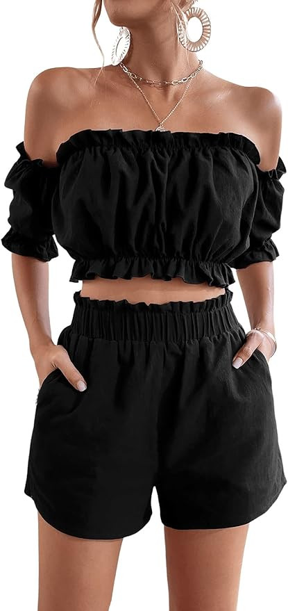 SweatyRocks Women's 2 Piece Outfits Romper Off Shoulder Short Sleeve Top Wide Leg Frill Trim Shor... | Amazon (US)