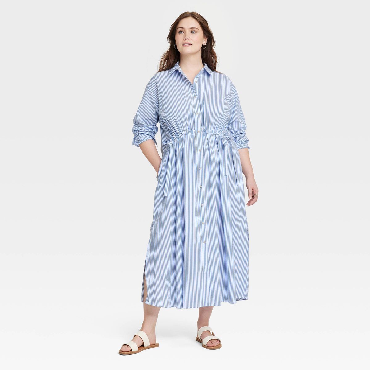 Women's Long Sleeve Cinch Waist Maxi Shirtdress - Universal Thread™ Blue Striped 4X | Target