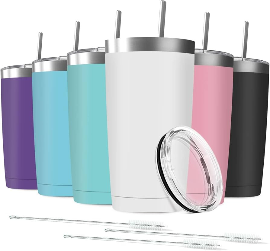 6 Pack 20 oz Stainless Steel Insulated Tumbler with Straw and Lid, Double Wall Travel Coffee Mug ... | Amazon (US)