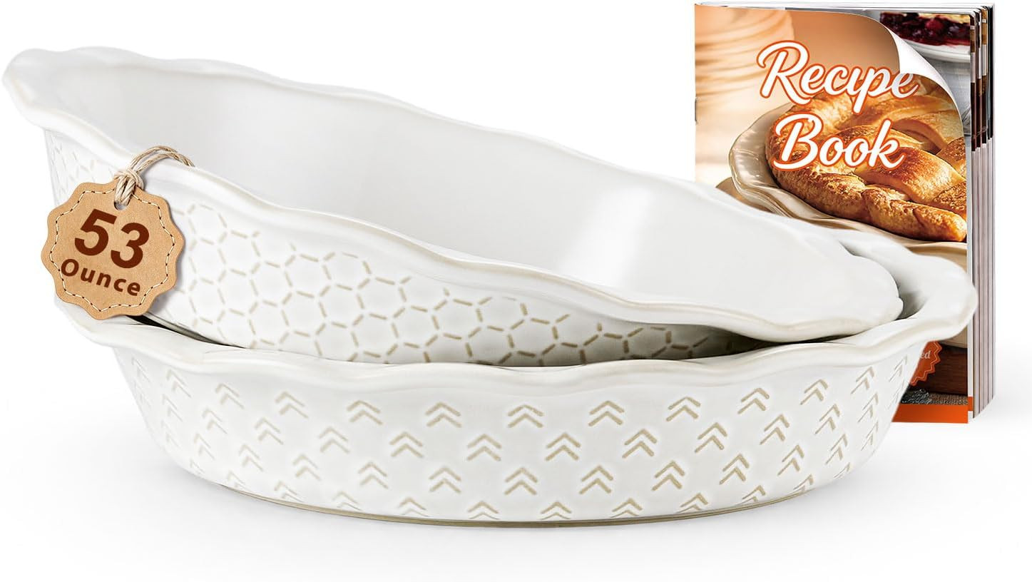 Deep Dish Pie Pan 9 Inch Ceramic, 53 oz Pie Plate with Recipe Book | Amazon (US)