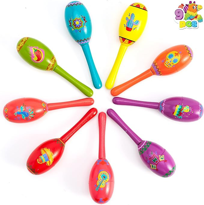 JOYIN 9 Pcs Fiesta Wooden Maracas 9 Designs Noisemaker for Cinco De Mayo Party Favors, Mexican Mu... | Amazon (US)