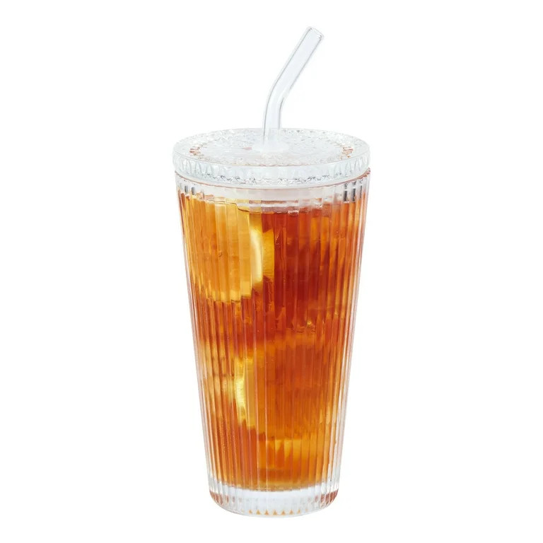 Better Homes & Gardens Glass 21oz Tumbler Ribbed with Glass Lid and Straw | Walmart (US)