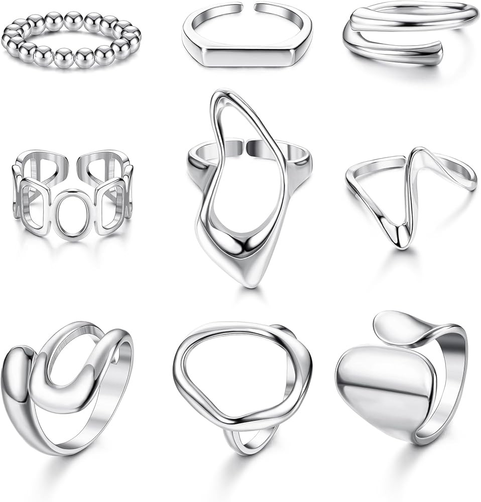 FIBO STEEL 9 Pcs Gold Chunky Rings for Women 18K Gold Plated Ring Set Dome Thick Open Rings Adjus... | Amazon (US)