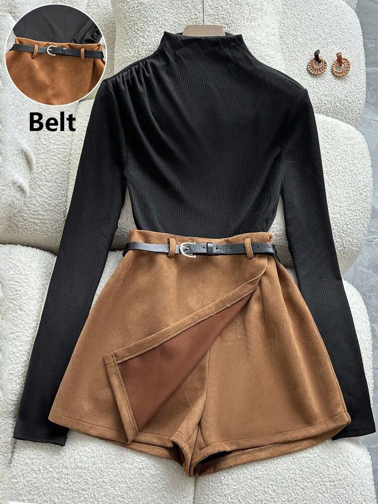 Franclia Daily Leisure Commuting All-Match Leisure Half-High Collar Pleated Knitted Elastic Base ... | SHEIN