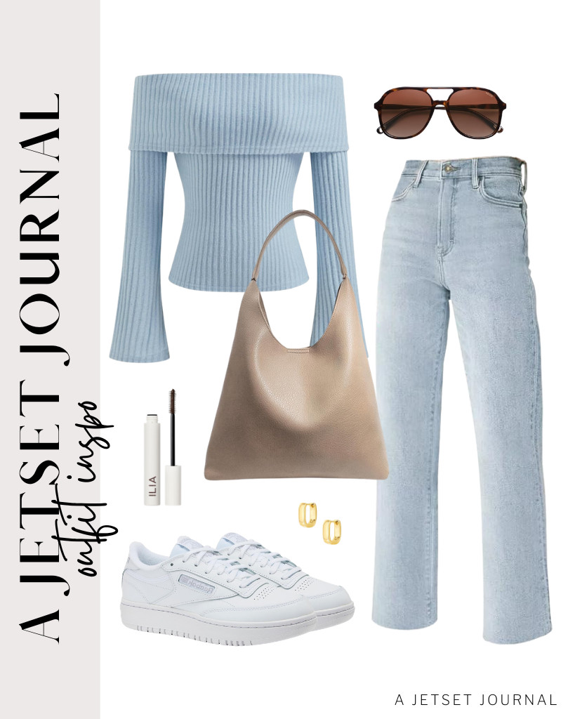 The first outfit pairs this blue CIDER off-the-shoulder top with KDF straight-leg jeans. These Reebok platform tennis shoes and a HOXIS slouchy tote purse complement this look. 

 #LTKSeasonal #LTKSaleAlert #LTKTravel