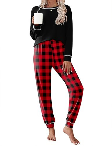 Ekouaer Pajamas Set for Women Soft Comfy Pjs Sets Long Sleeve Sleepwear Loungewear S-XXL Black Plaid | Amazon (US)