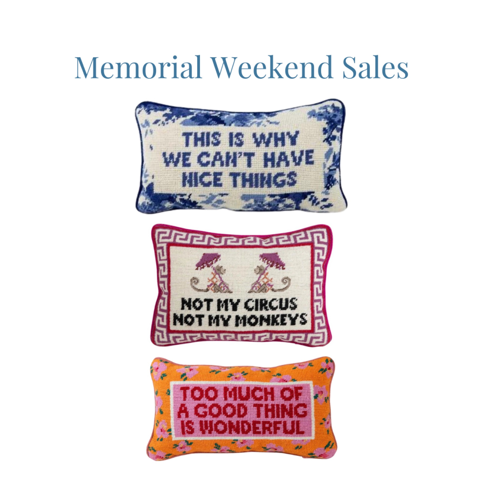 Memorial Weekend Sales: Needlepoint Pillows!
20% off with code Summer20 
I’ve loved the “this is why we can’t have nice things pillow” for YEARS. Time to take the plunge!


#throwpillows #needlepointpillow #blueandwhite #memorialday #memorialweekendsales #chinoiserie #memorialweekendsale #grandmillenial #granmillenialhome #palmbeachinteriors #coastal #coastalhome #decor #livingroom #bedroom


Blue and white, grandmillenial decor , needlepoint pillows, memorial sales , home decor 

#LTKsalealert #LTKunder100 #LTKhome