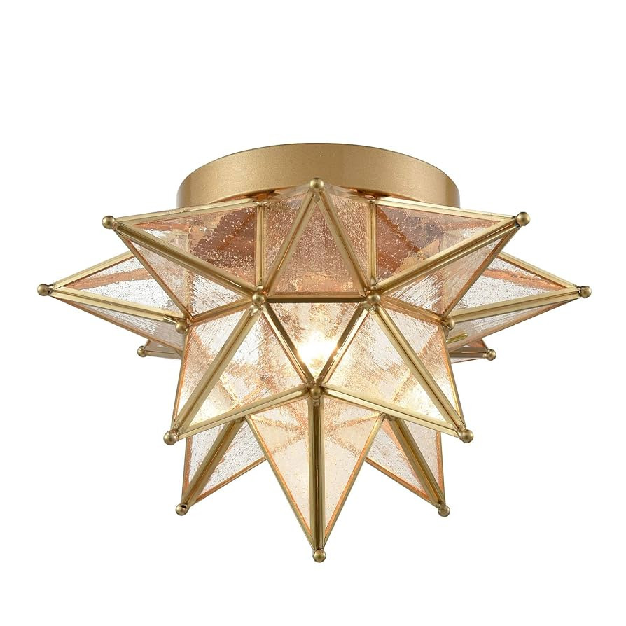 DAYCENT Brass Moravian Star Flush Mount Ceiling Light with Seeded Glass Shade Modern Gold Morocca... | Amazon (US)