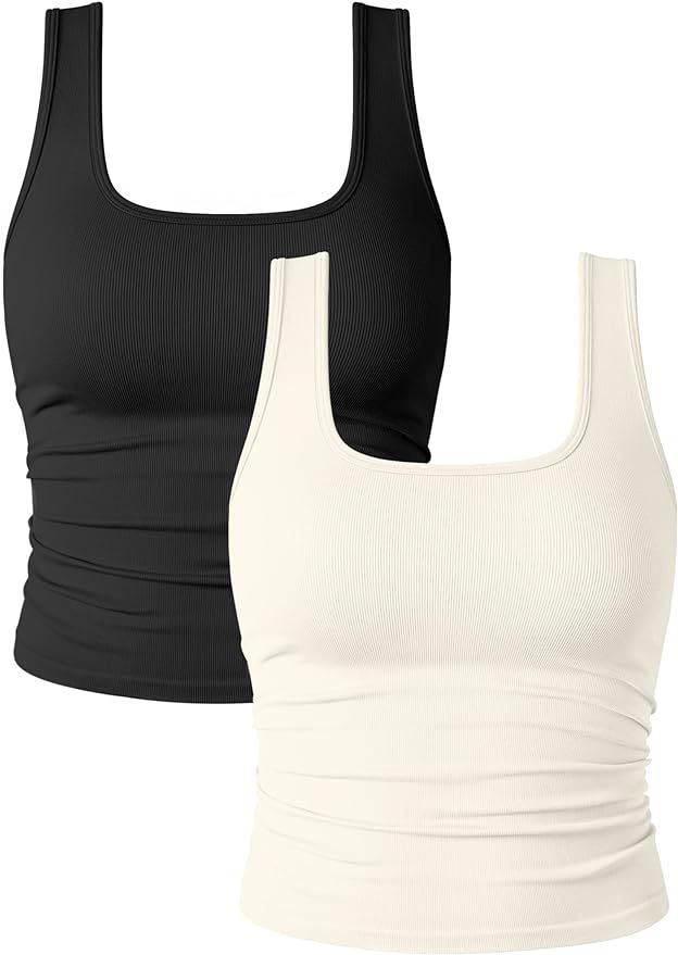 OQQ Womens 2 Piece Shirts Ruched Sleeveless Square Neck Seamless Stretch Fit Basic Tee Tops | Amazon (US)