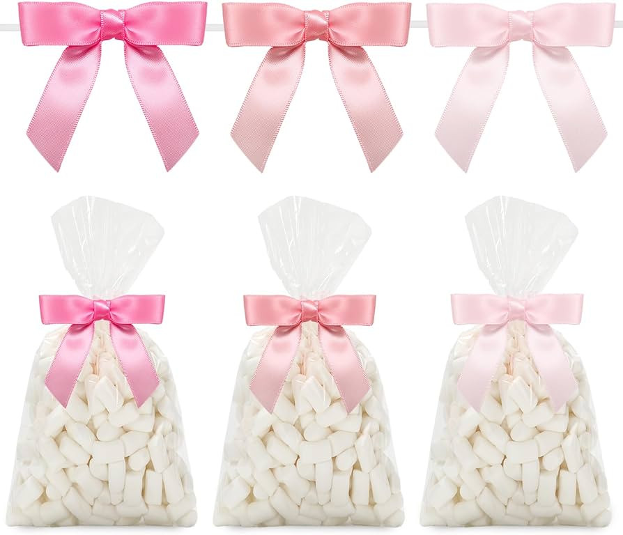JarThenaAMCS 50Pcs Clear Cellophane Bags with Satin Pink Bow Twist Ties Coquette Plastic Treat Ca... | Amazon (US)