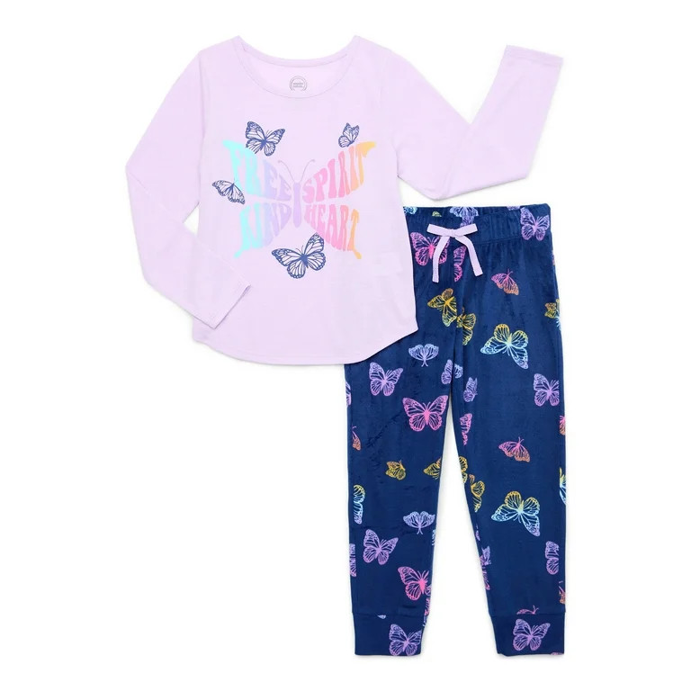 Wonder Nation Girls Long Sleeve Top with Jogger Pants, 2-Piece Pajama Sleep Set, Sizes 4-16 Plus | Walmart (US)