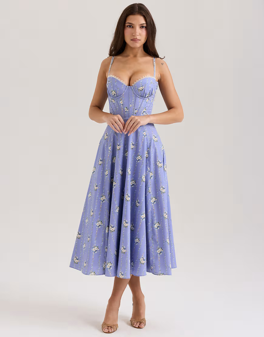 House of CB Steffani stretch cotton midi sundress in blue daisy print | ASOS (Global)