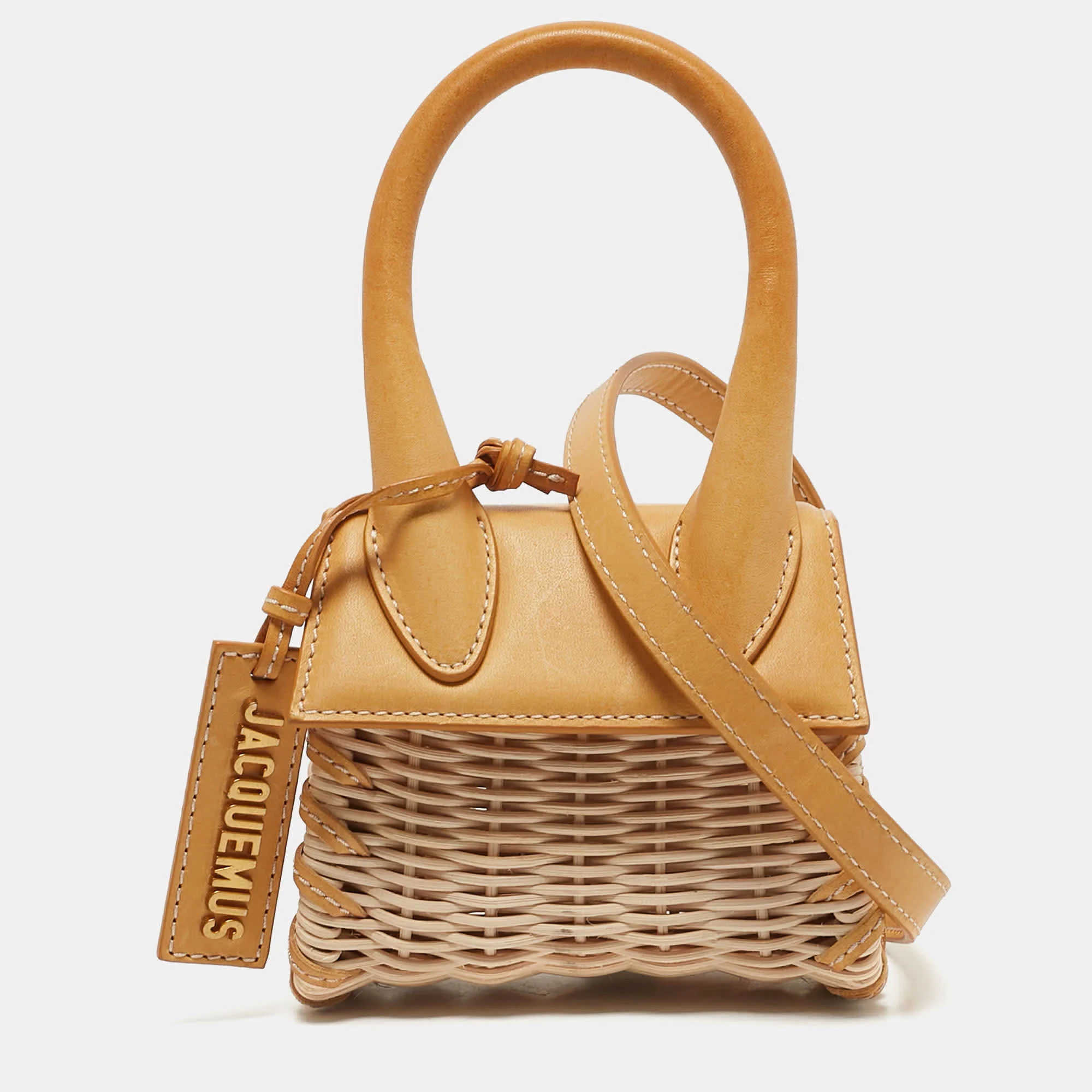 Jacquemus Mustard/cream Rattan And Leather Mini Wicker Le Chiquito Top Handle Bag | Shop Simon