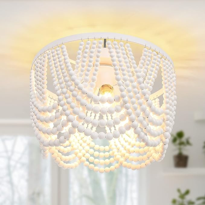 Wood Beaded Chandelier,Boho Flush Mount Ceiling Light,Farmhouse Light Fixture for White Finishing... | Amazon (US)