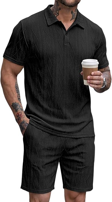JMIERR Mens 2026 Casual 2 Piece Outfits Lounge Sets Jacquard Knit Short Sets Golf Short Sleeve Ou... | Amazon (US)