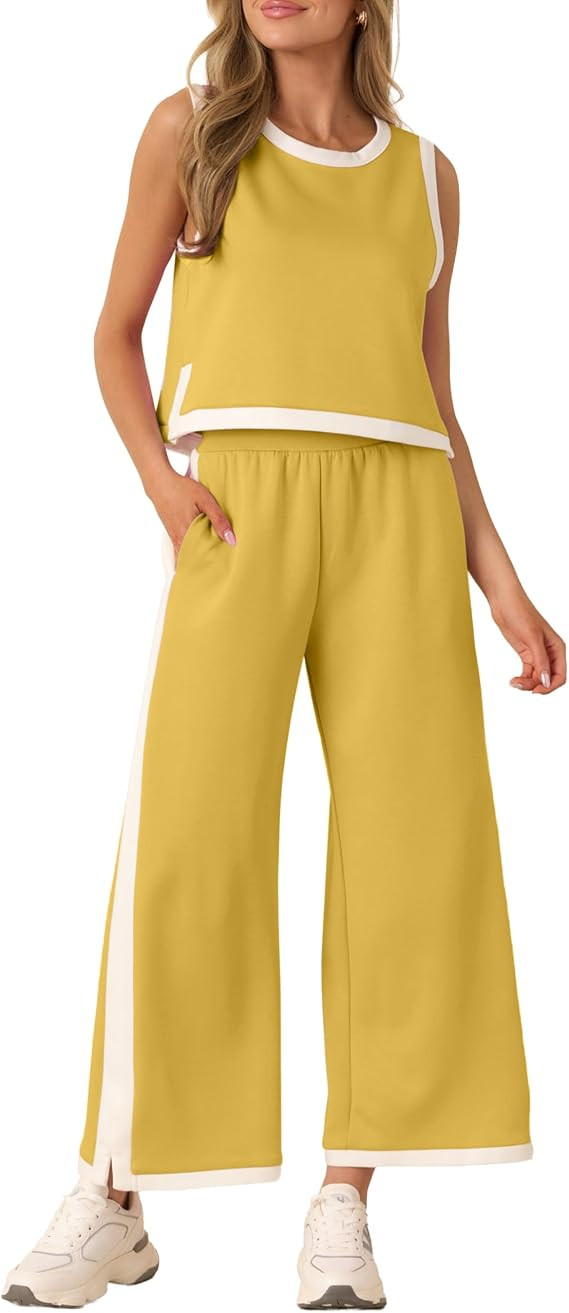 Two Piece Sets for Women Lounge Set Summer Outfits Sleeveless Top Wide Leg Pants Casual Beach Vac... | Amazon (US)