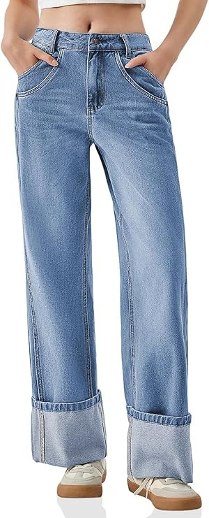 PLNOTME Womens Baggy Jeans Boyfriend Wide Leg Trendy Casual Mid Rise Cuffed Hem Denim Pants with ... | Amazon (US)