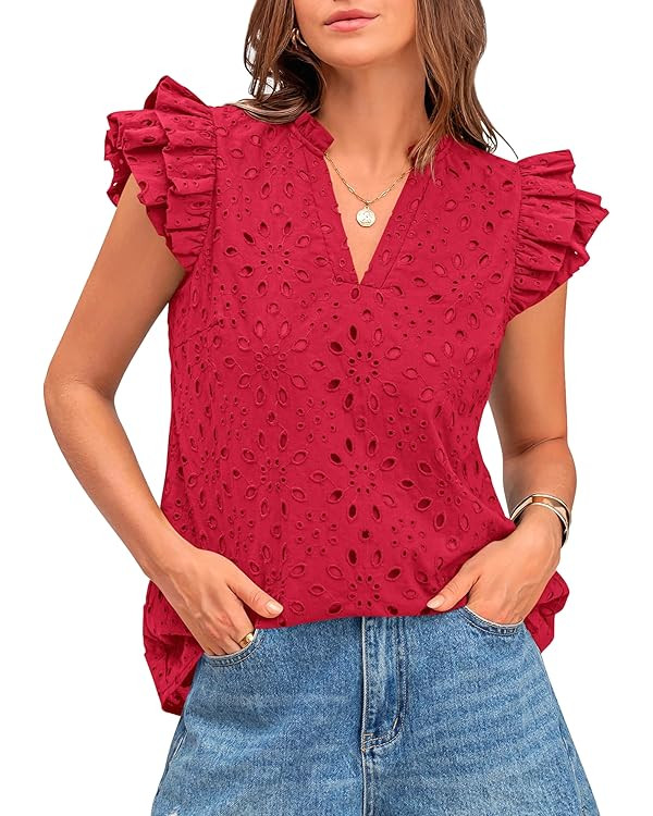 BTFBM Women Eyelet Spring Summer Tops Dressy Casual V Neck Ruffle Cap Sleeve Cotton Boho Shirts E... | Amazon (CA)