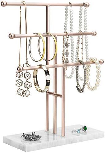 MyGift 3-Tier Rose Gold-Tone Metal T-Bar Necklace Display Stand with Stone Base | Amazon (US)