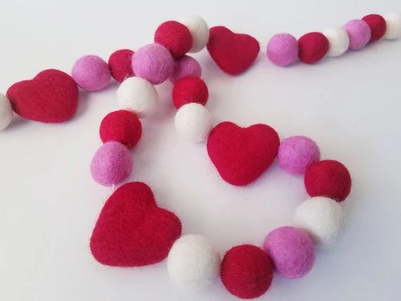 Valentines day felt balls, valentine garland, valentines mantle, heart garland, heart banner, lov... | Etsy (US)