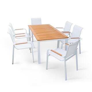 Mondawe White 7-Piece Aluminum Outdoor Dining Table Set Luxury Faux Wood Tabletop Accent Table Se... | The Home Depot