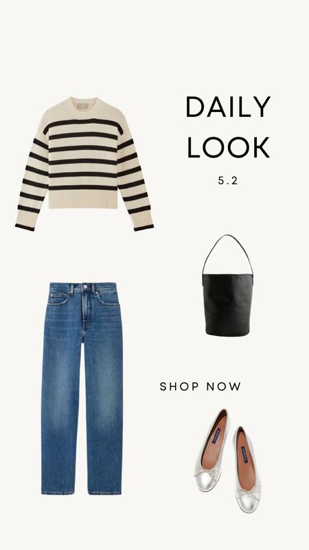 Daily Look 5.2 | striped sweater, mid-blue jeans, ballet flats, black bucket bag.

Spring outfit
Mom style
Mom outfit
Minimal style
Capsule style



#LTKfindsunder100 #LTKsalealert #LTKstyletip