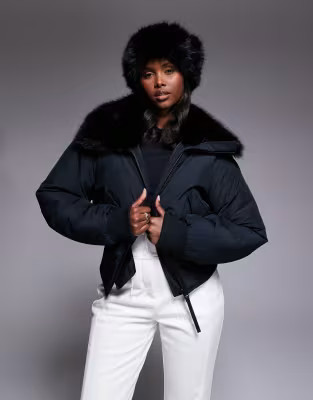 ASOS 4505 Ski cropped bomber with faux fur collar in black | ASOS | ASOS (Global)