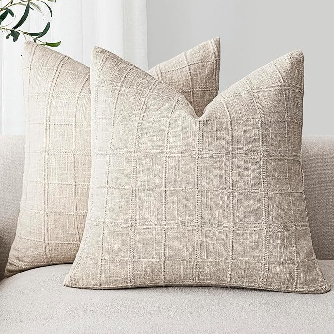 Foindtower Set of 2 Decorative Linen Check Throw Pillow Covers Neutral Farmhouse Vintage Cushion ... | Amazon (US)