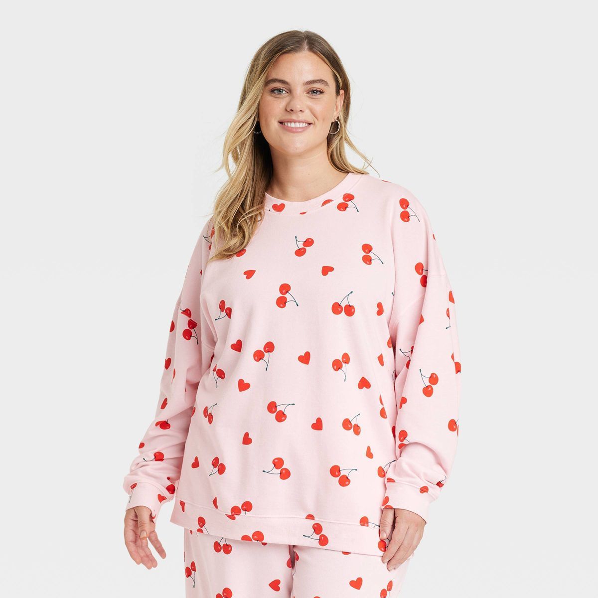 Women's Cherry Hearts Pattern Graphic Sweatshirt - Pink | Target