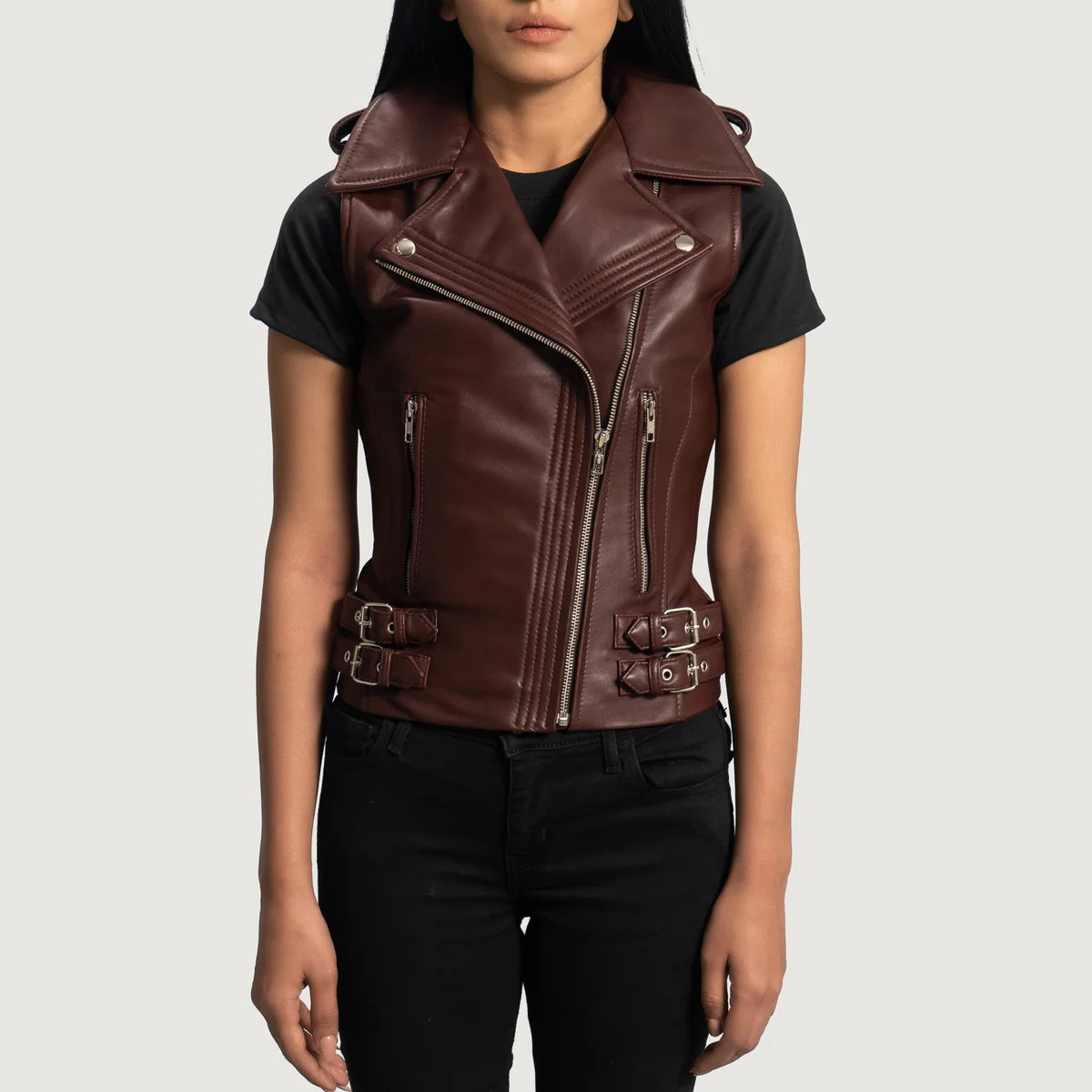 Women's Rhonda Maroon Leather Biker Vest | The Jacket Maker