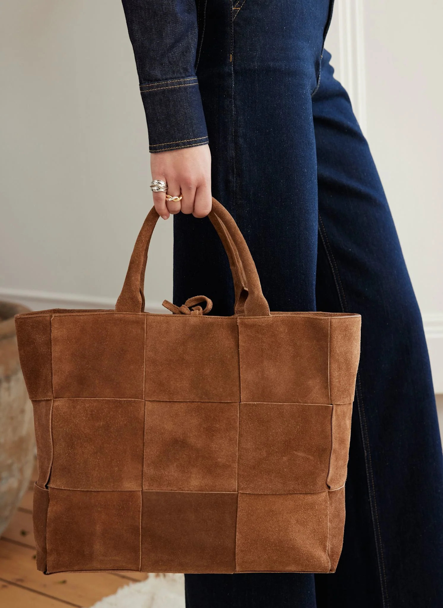 Tan Suede Woven Tote Bag | Mint Velvet