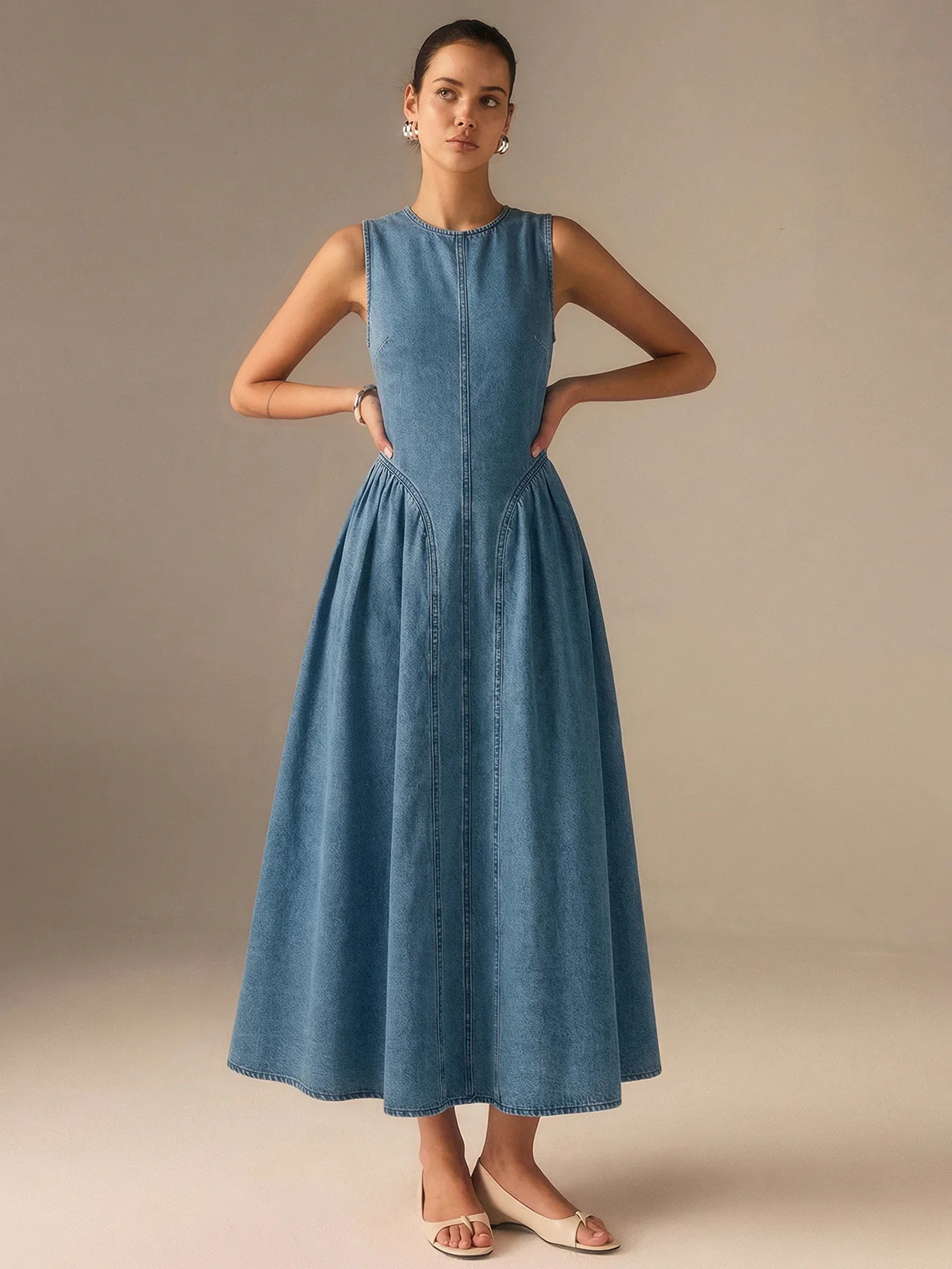 Denim Sleeveless Backless Maxi Dress | Commense