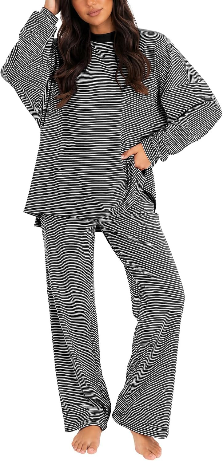 Women's 2 Piece Striped Lounge Set Wide Leg Pants Matching Pajamas Set | Amazon (US)
