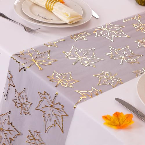 Snowkingdom Fall Table Runners, Gold Maple Leaves Thanksgiving Table Decorations for Autumn Harvest Sequin Glitter Lightweight Black Thin Mesh Sparkle Farmhouse Dining Party Decor 120 Inch | Amazon (US)