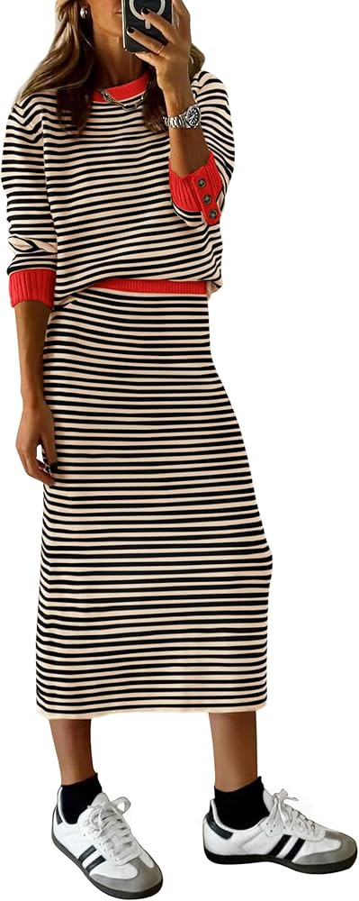 PRETTYGARDEN 2 Piece Skirts Sets For Women Fall Fashion 2025 Striped Sweater Dress Knit Lounge Tr... | Amazon (US)