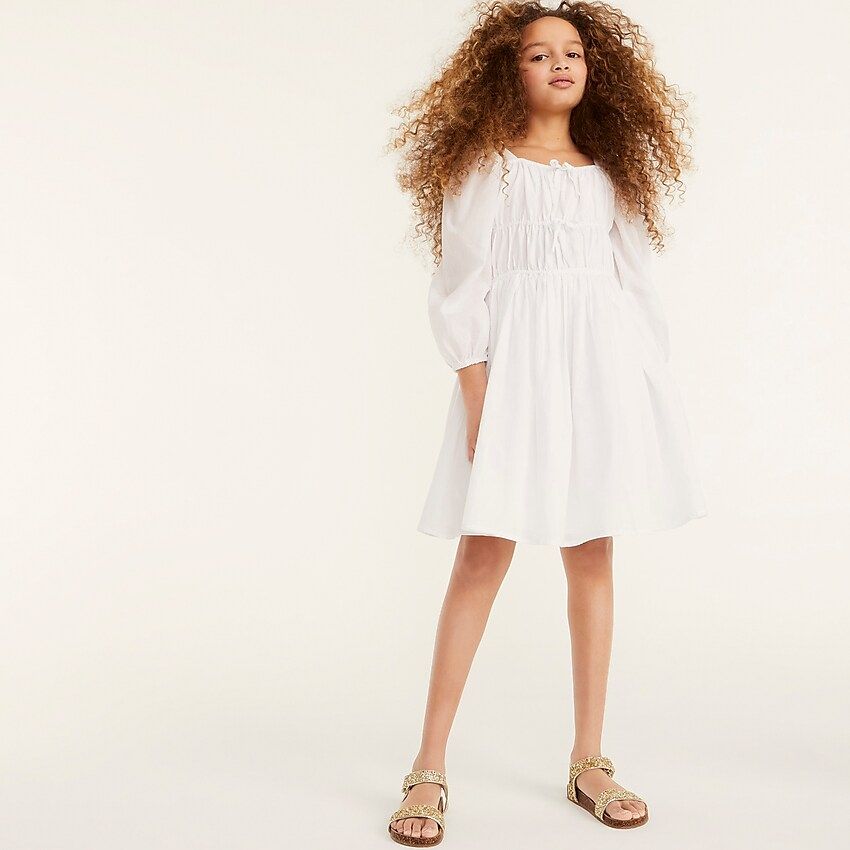 Girls' tie-front long-sleeve dress in white | J.Crew US