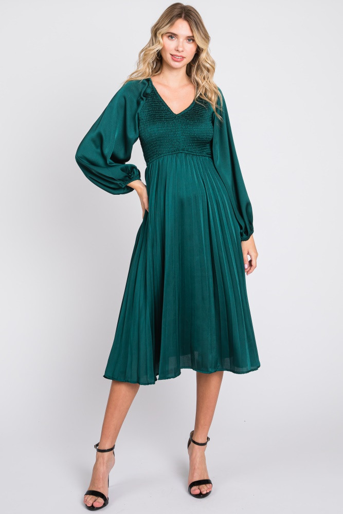 Forest Green Satin Smocked and Pleated Midi Dress | PinkBlush Maternity