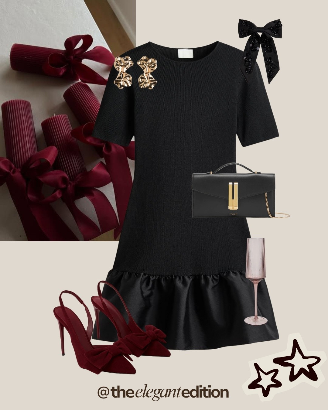 Holiday glamour in black with burgundy accents.
Little black dress, gold statement earrings, burgundy bow heels, black evening bag

#LTKeurope #LTKstyletip #littleblackdress #holidaystyle #burgundyheels

#LTKeurope #LTKstyletip #LTKpartywear