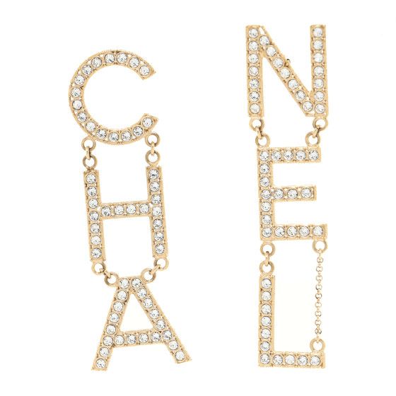 Crystal Cha-Nel Logo Drop Earrings Gold | FASHIONPHILE (US)