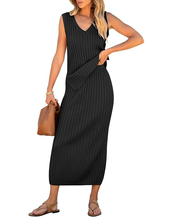 ANRABESS Women's 2 Piece Outfits Summer Sweater Skirt Sets Casual Sleeveless V Neck Ribbed Vest K... | Amazon (US)