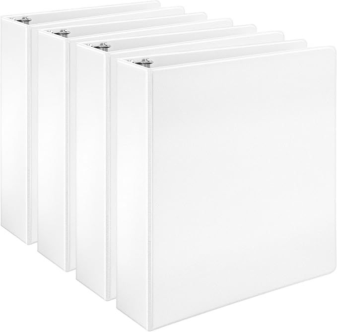 Amazon Basics 3 Ring Binder with 2 Inch D-Ring and Clear Overlay, White, 4-Pack | Amazon (US)