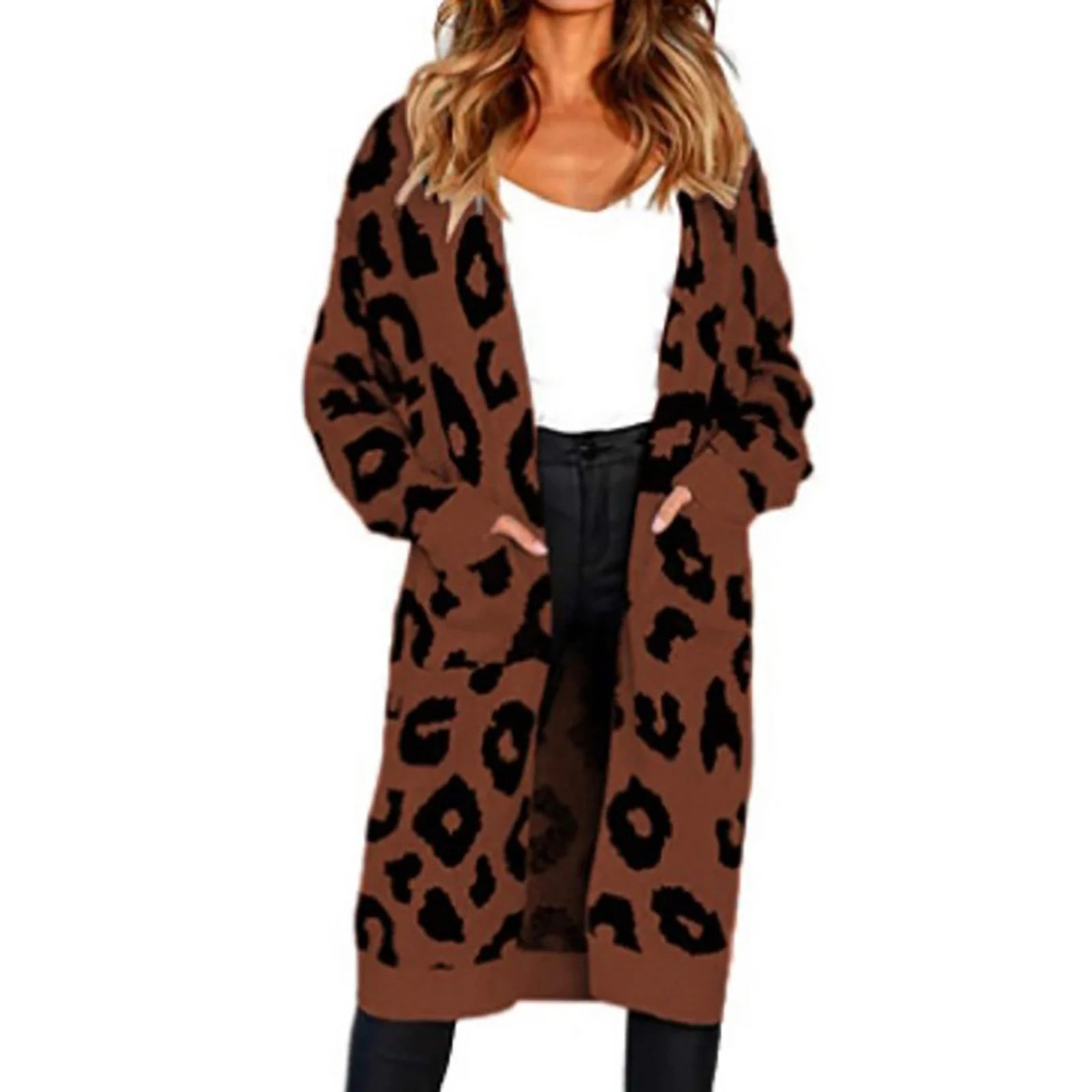 Womens Cardigans Open Front Long Sleeve Long Style Leopard Print with Pockets Spring Fall Casual ... | Walmart (US)
