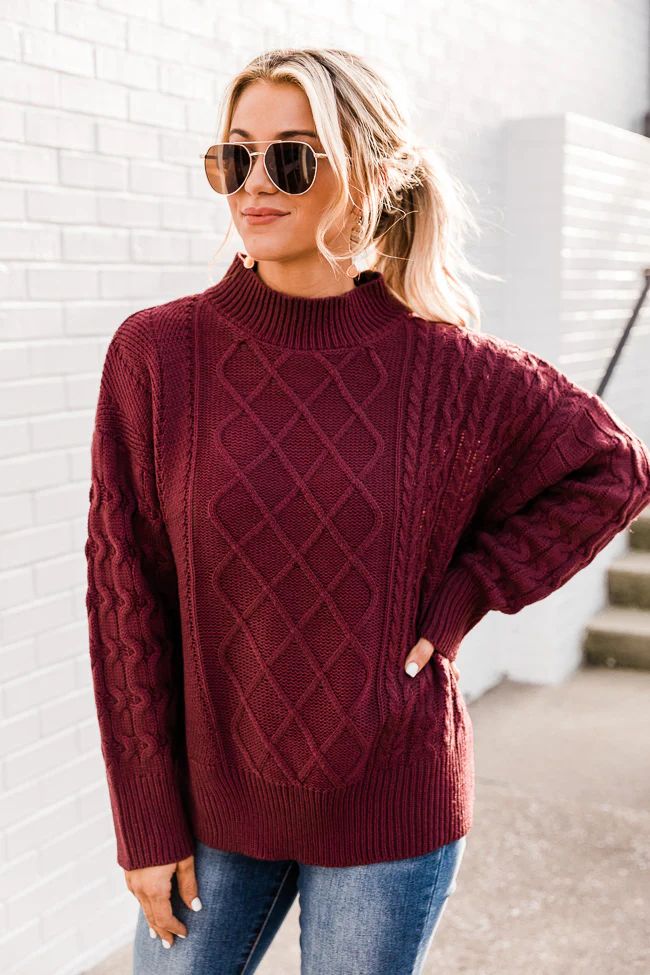 My Point Of View Wine Cable Detail Turtleneck Sweater | The Pink Lily Boutique