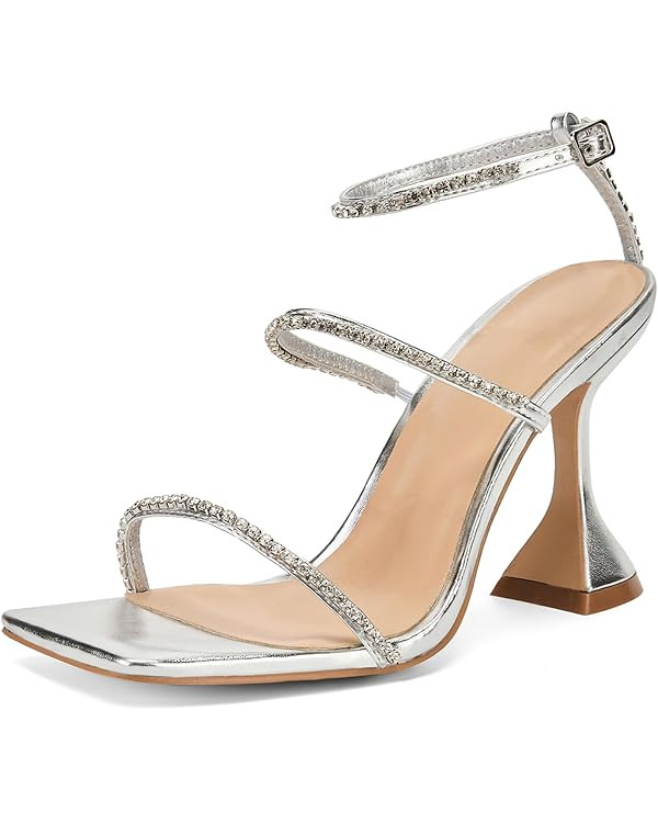 FRJRWomen's Rhinestone Slope Heel Sandals Fine Heel Square Head Tie Shoes Small High Heel Open To... | Amazon (US)