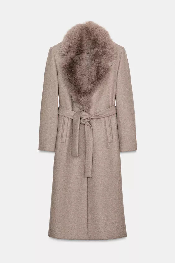 WOOL COAT WITH FAUX FUR LAPEL AND BELT | Zara US